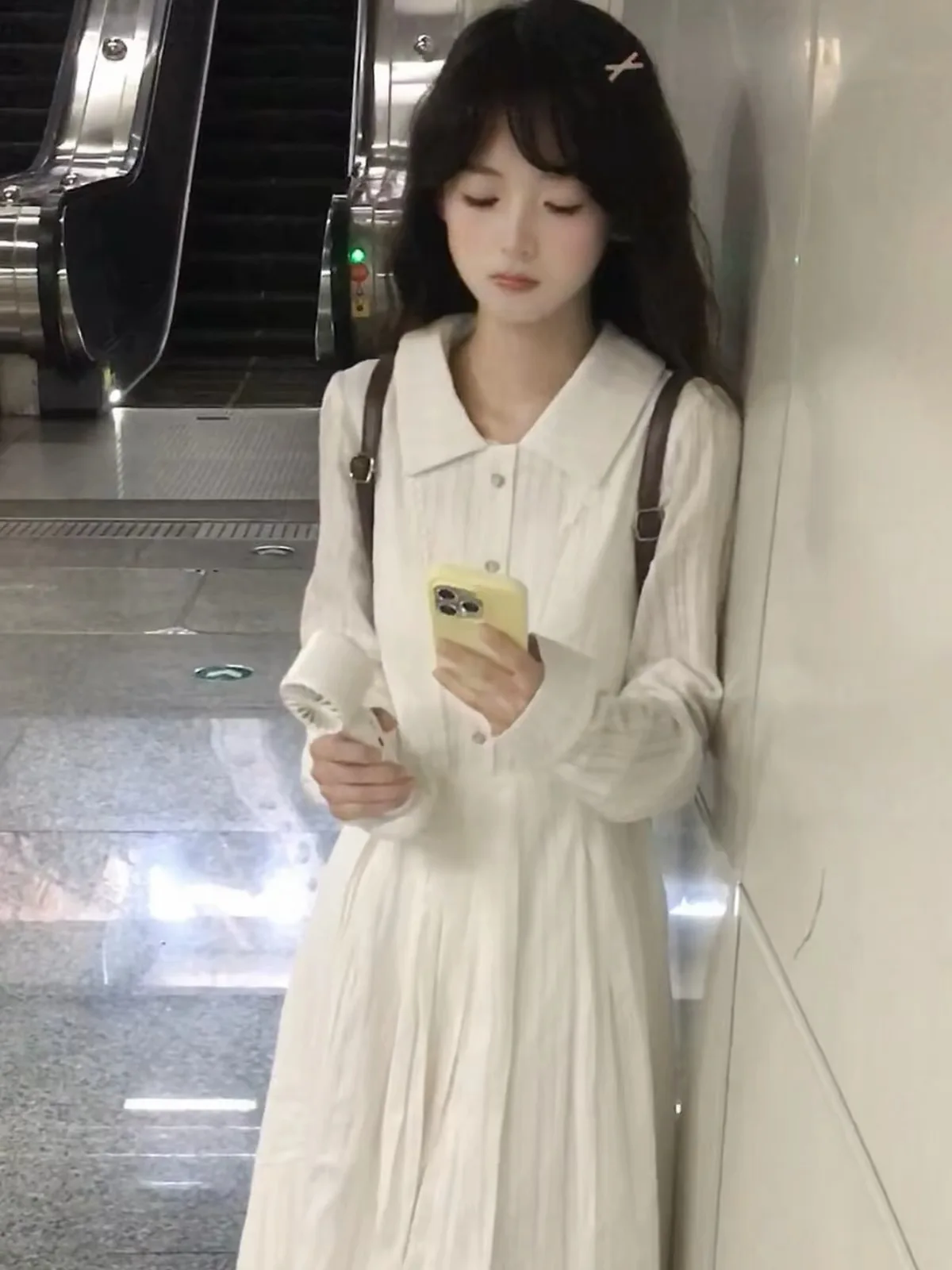 Sweet Style White Long Sleeve Women's Dress Waist Cinched School Style First Love Series A-Line Dress Autumn Season