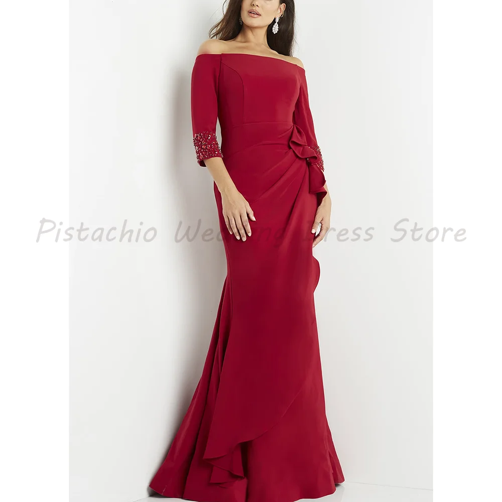 

Burgundy Off-the-Shoulder Formal Gown with Beaded Cuffs & Draped Waist Detail Mermaid Evening Maxi Dress