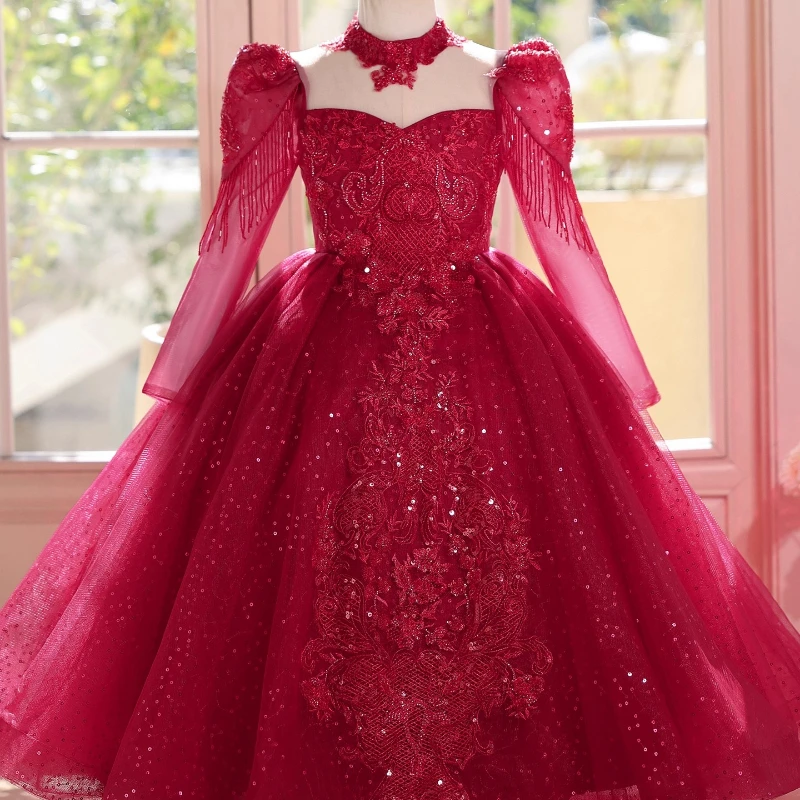 

Girls Red Evening Dress Kids Pageant Gown Piano Performance Host Show Princess Ball Gown Celebration Formal Wear Children