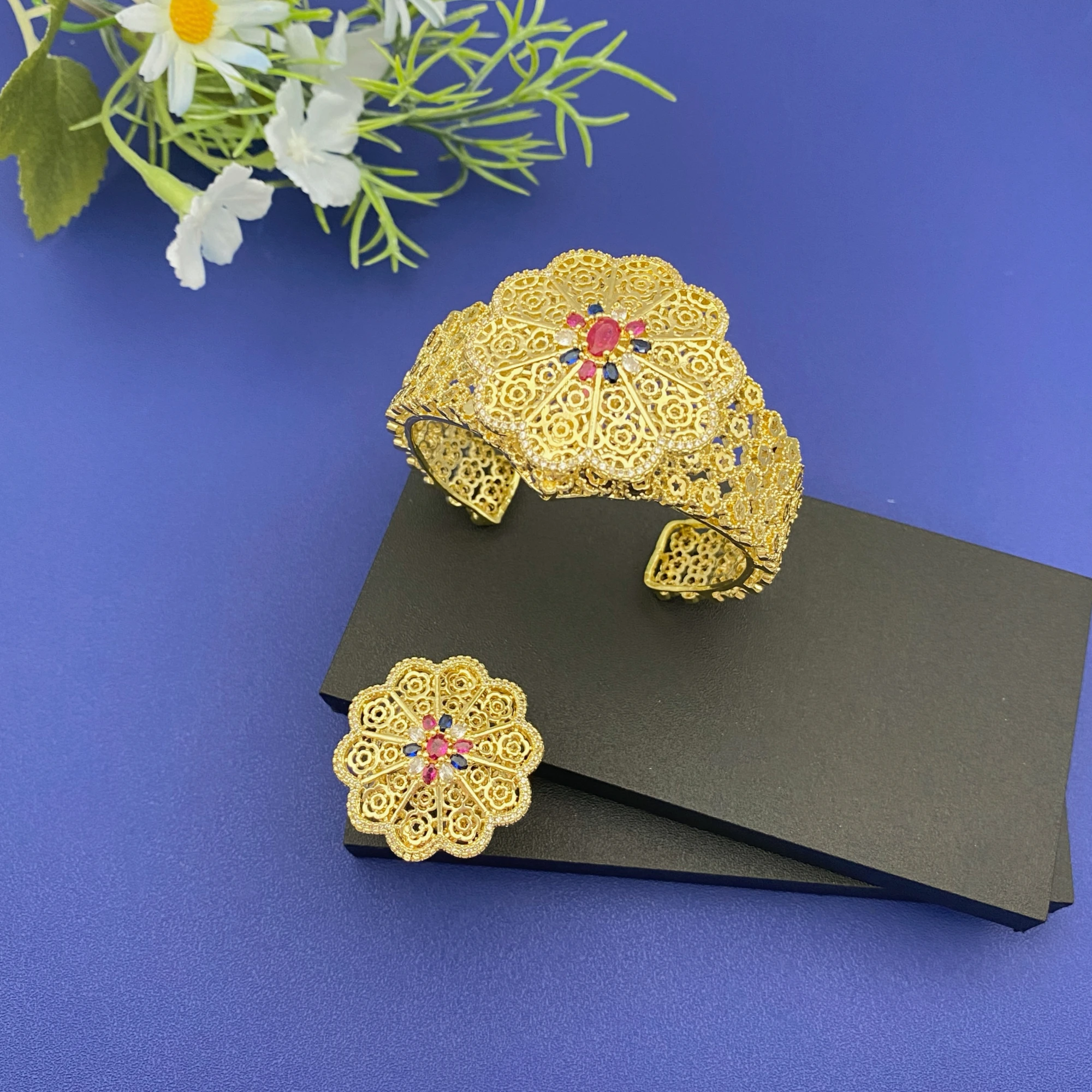 JRH High-End Gala 2-Piece Set Floral Open Gold-Plated Brass Bracelet And Ring with Zircon Elegant Accessory for Women