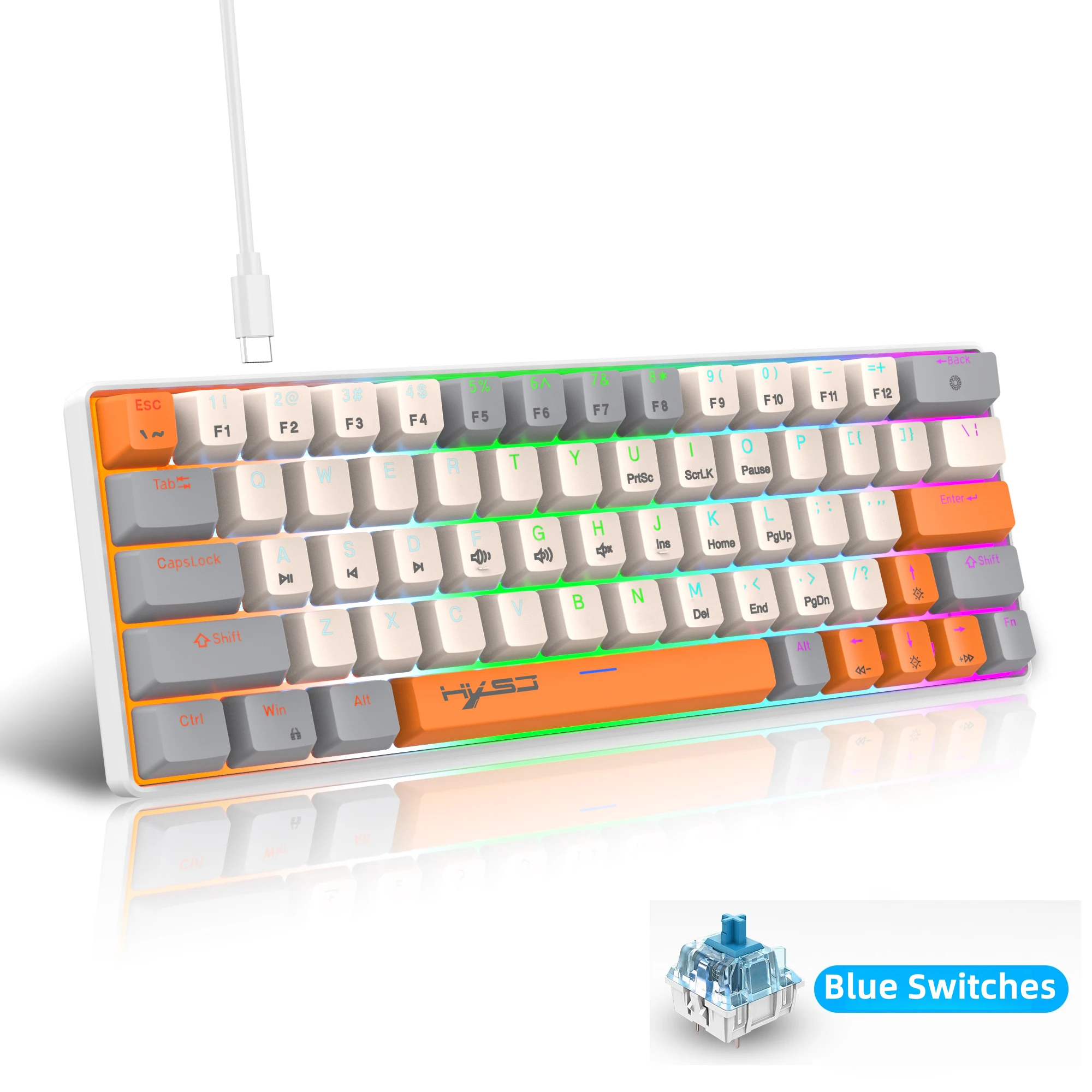 63 Keys Portable 60% Mechanical Gaming Keyboard,With Red Switch Backlit Compact Mini Wired Office Keyboard