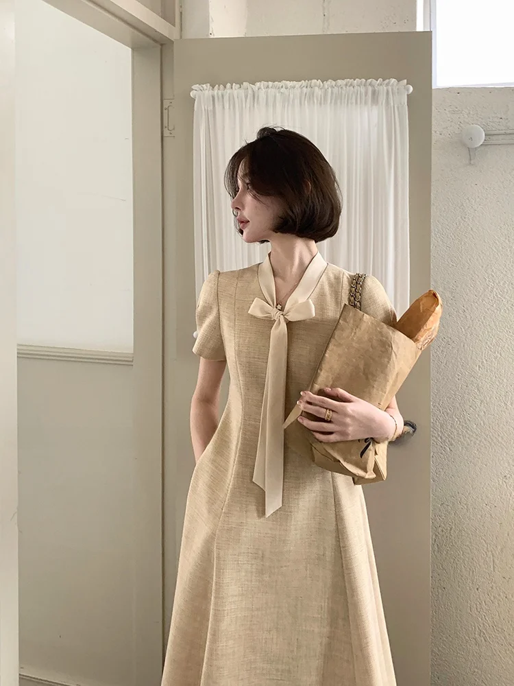 

Elegant Bow Tie Waist Dress Women's Summer Commute Texture Sensation Set Short Sleeve Korean Style Casual Spring Dress