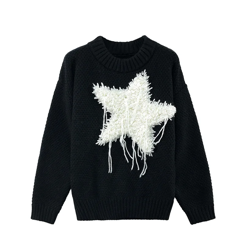 

Stella Star Sweater Black & White Colorblock Pentagram Knit Pullover Long Sleeve Knitwear Jumpers Autumn/Winter Woman Clothing