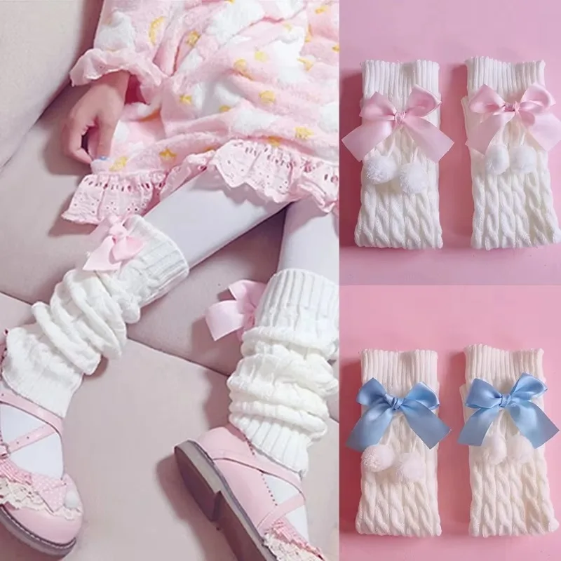 Japanische Adrette Frauen Mädchen Beinlinge Süße Schleife Plüsch Ball Stiefel Manschetten Fuß Abdeckung Lolita Chunky Twist Kabel Gestrickte Knie