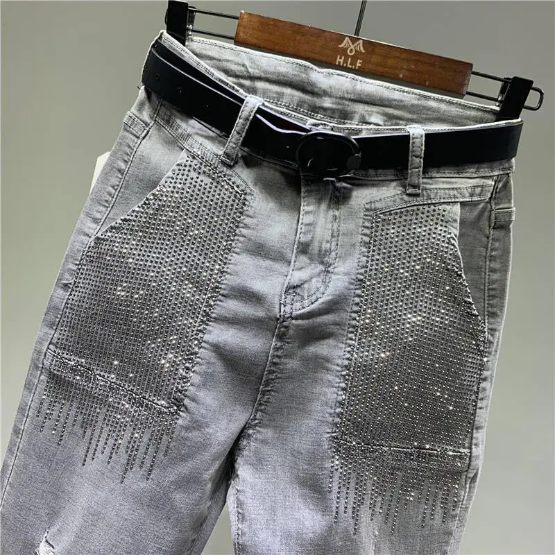 

024 Narrow Wide-Leg Jeans Women's Loose High Waist Straight Pants Autumn Niche Design Personality Rhinestone Mop Pants