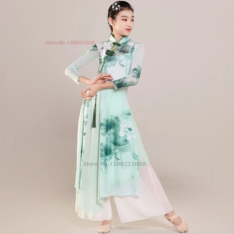 2025 Chinese vintage kinderen volksdans kostuum bloemenprint mesh qipao + broek set vintage jurk podiumvoorstelling kostuum