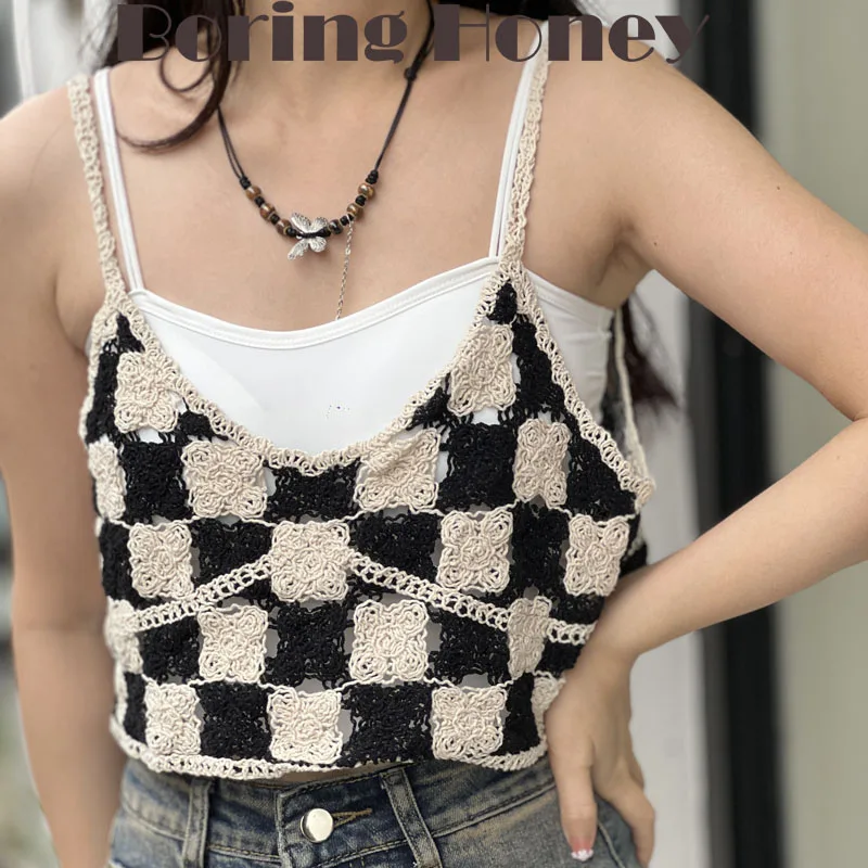 Boring Honey V-Neck Hollow Out Corset Top Retro Join Together Short Crop Top Women Checked Be All-Match Summer Clothes For Women