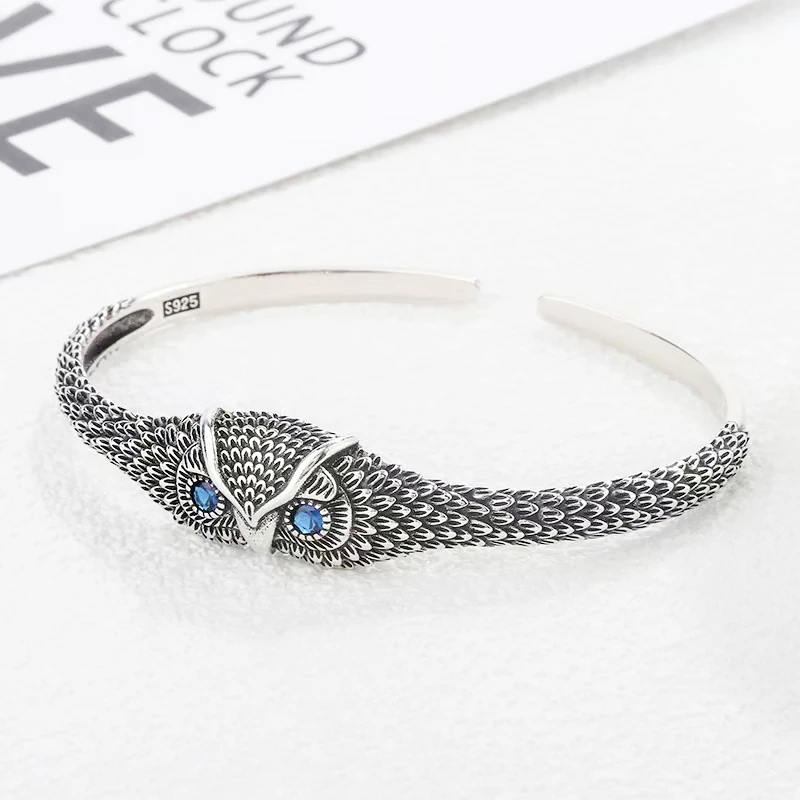 Único memória retro thai prata brilhante zircão coruja 925 prata esterlina abertura redimensionável pulseira para mulher luxo br352
