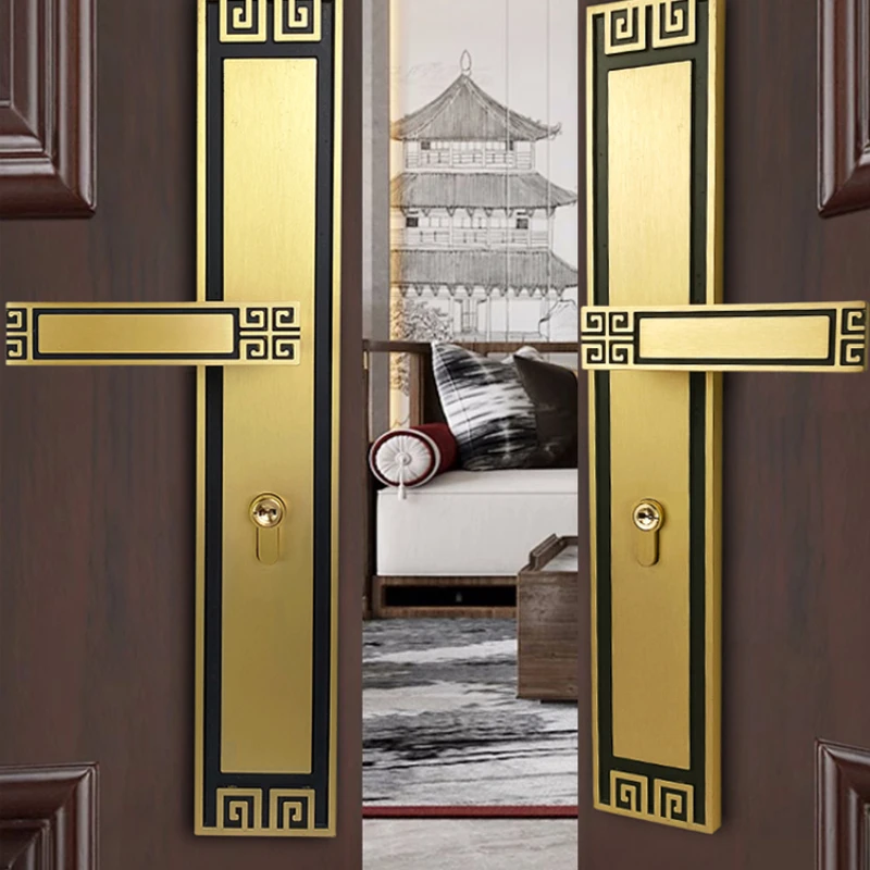 All copper double door lock new Chinese elongated luxury entrance folio brass bedroom Chinese solid wood