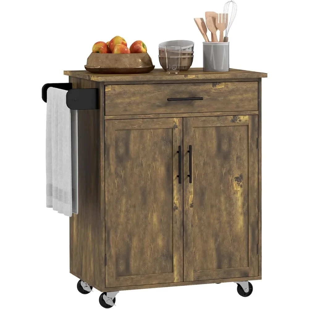 

Kitchen Island Cart Rolling Trolley Cart with Drawer, Storage Cabinet & Towel Rack