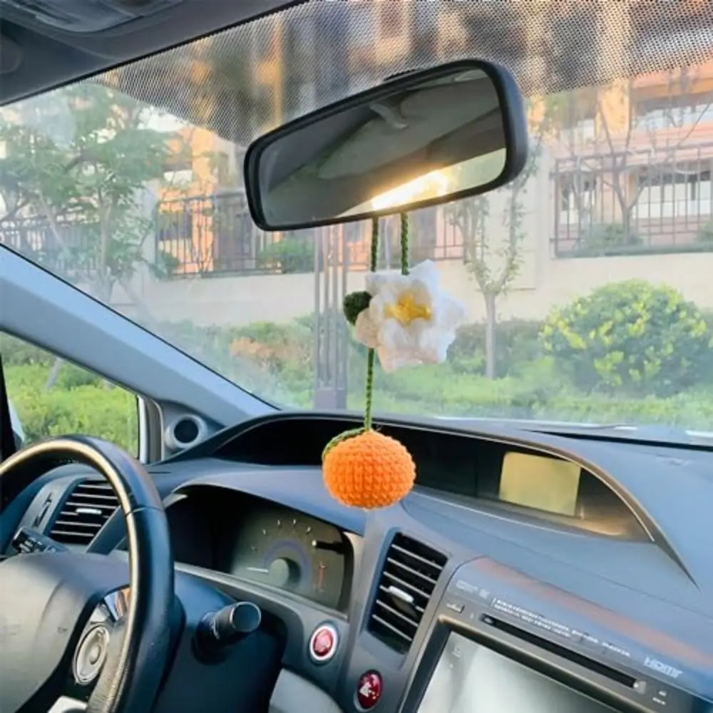 Cute Car Rear View Mirror Hanging Accessory Multi-purpose Handmade Knitted Strawberry Pendant Car Decor Crochet Pagination Mark