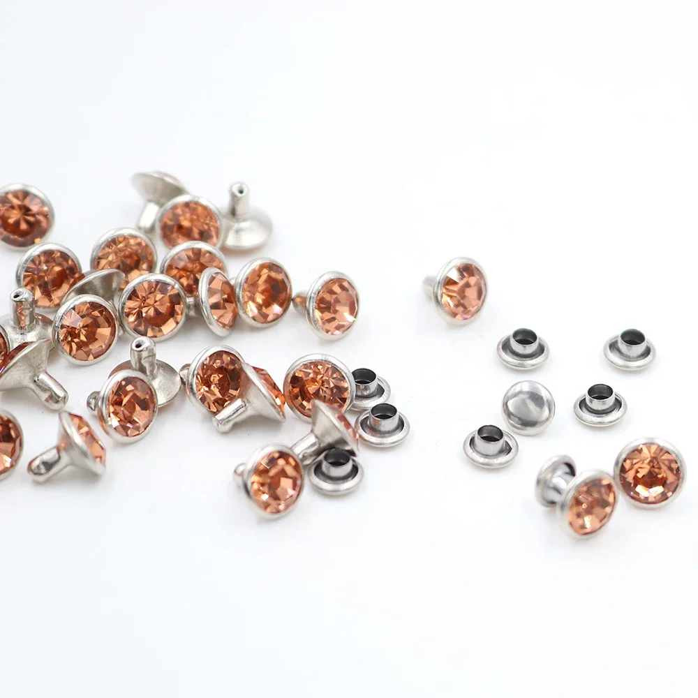 100Sets 6mm&8mm Rhinestone Rivets Light Peach Crystal Studs Silver Metal Base for Clothing Bag Craft Leather Rivets