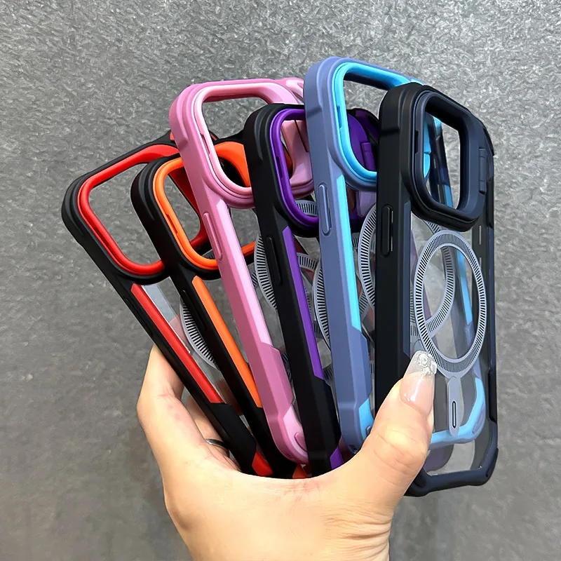 Fold Lens Stand Protection For Magsafe Case For iPhone 11 12 13 14 15 16 Pro Max Plus Magnetic Armor Shockproof Bumper Cover