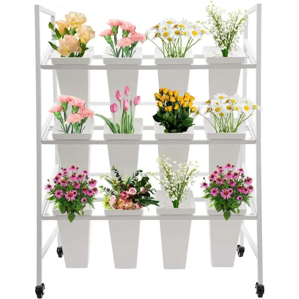 3-Tier Square Bucket Display Stand with Rolling Plant Holder and White Shelves