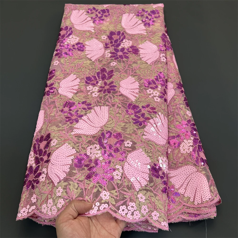 

2025 African Nigeria High-Quality Sequins Embroidery Tulle Lace Fabric Guipure Dress Beads Stone 5Yards for Wedding Party PS0075