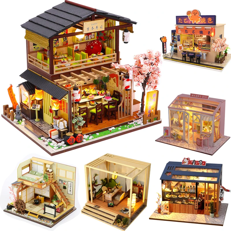 Casa de muñecas de madera para niñas, Kit de construcción en miniatura, Casa de muñecas con muebles y luces, Sushi japonés, tienda de barbacoas, regalos