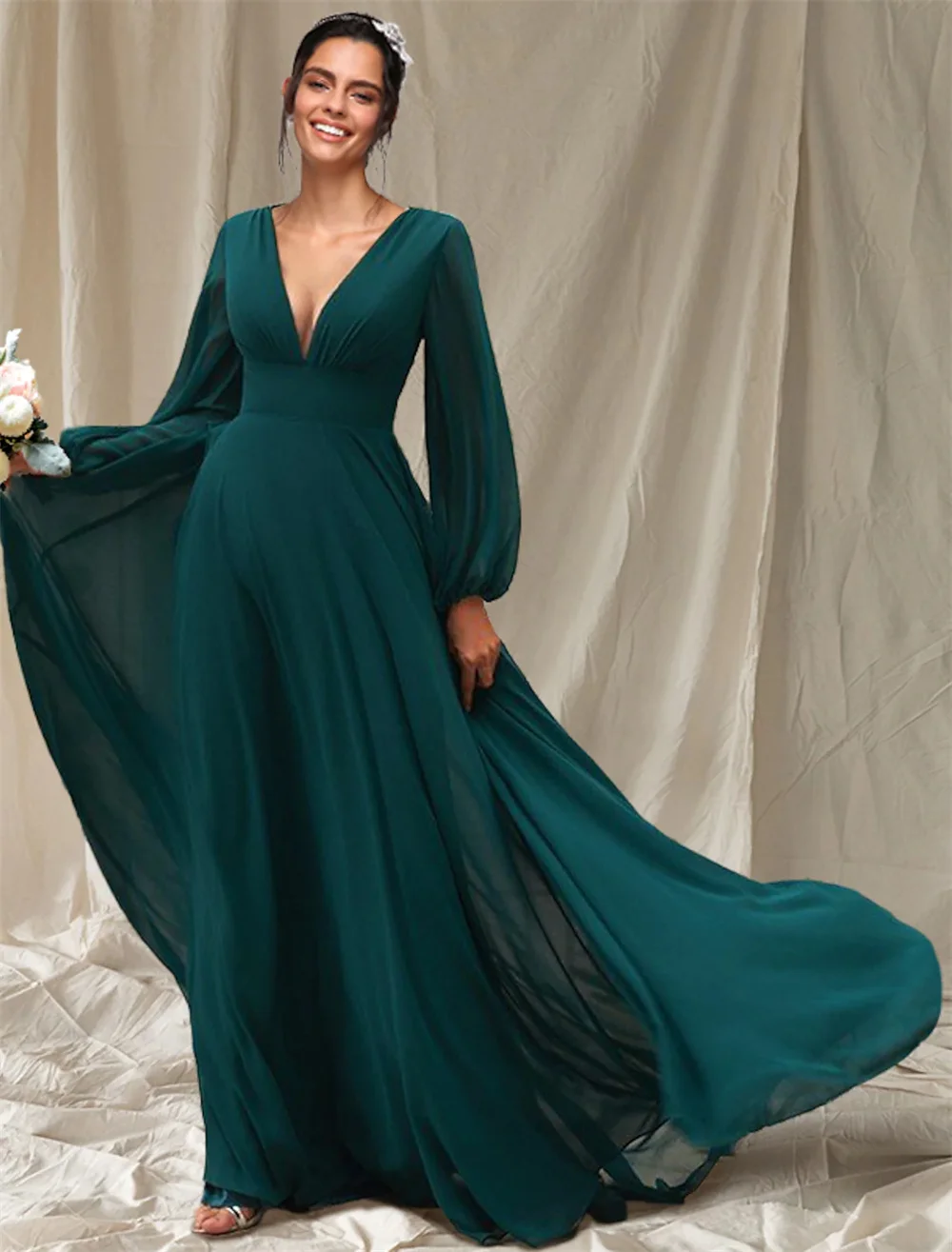 A-Line Bridesmaid Dress V Neck Long Sleeve Sexy Sweep Brush Train Chiffon with Solid Color 2022 Open Back vestido de noiva