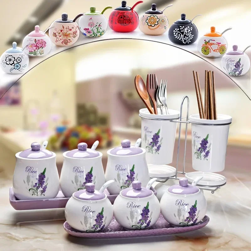 Ceramic jar set, household storage box, seasoning bottle, sugar and salt combination set, elegant kitchen decoration