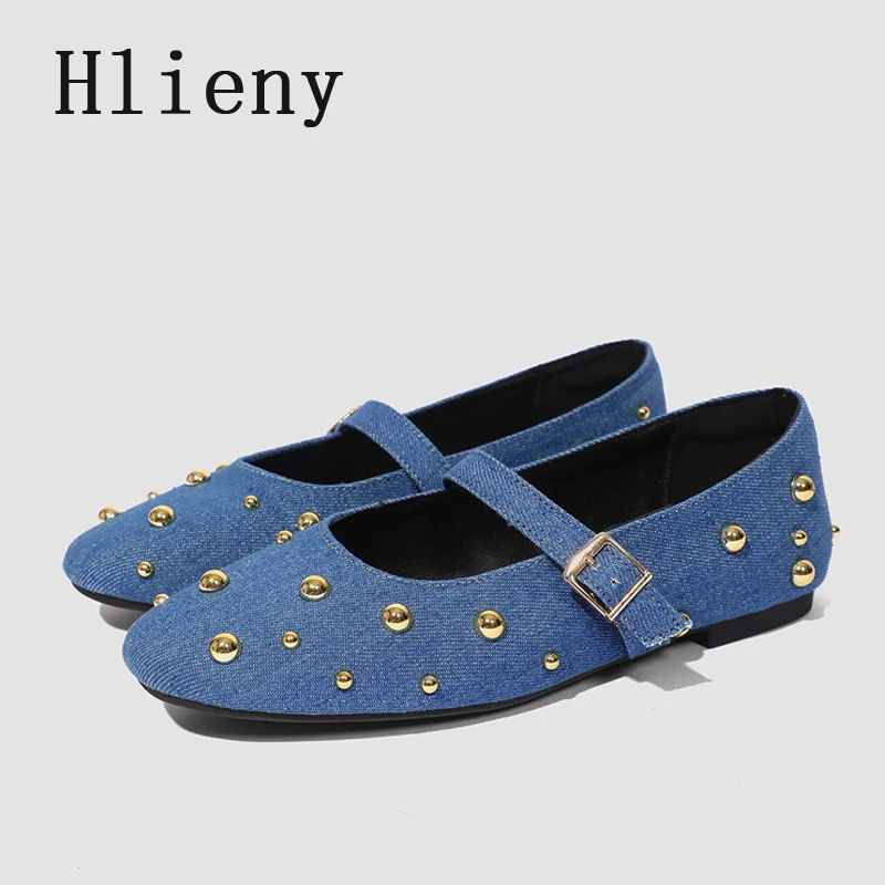 

Hlieny брендовые дизайнерские балетки с металлическими заклепками и круглым носком, женские модные туфли Мэри Джейн с пряжкой и ремешком, мягкие уютные синие джинсовые лоферы