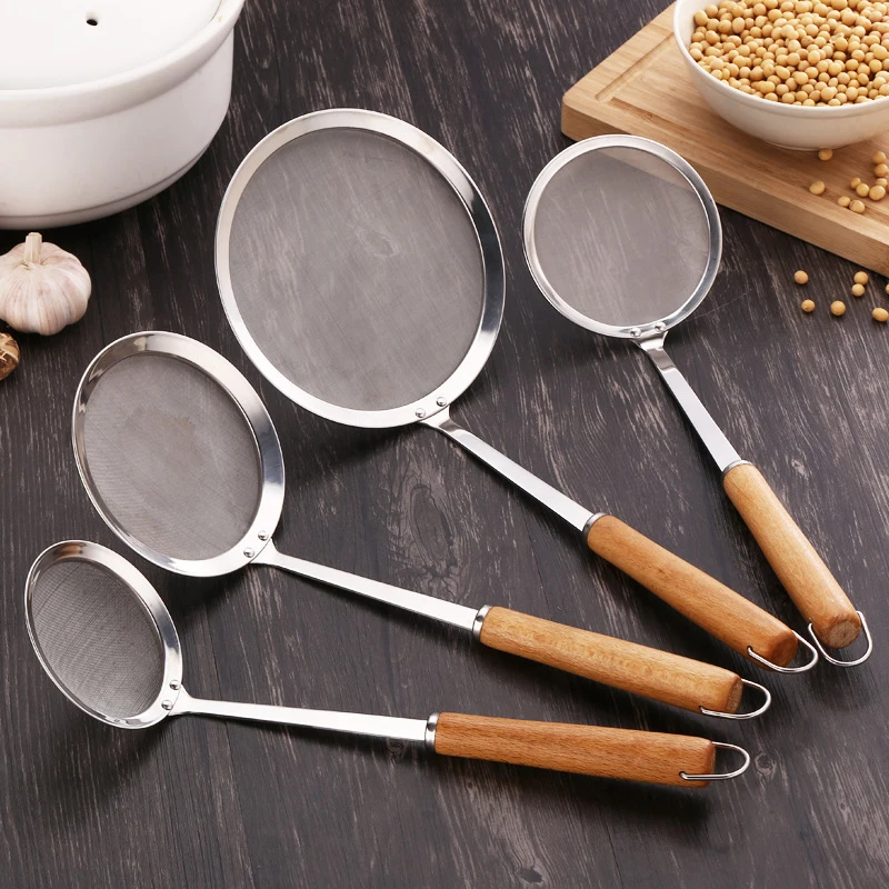 Kichen Stainless Steel Skimmer Wooden Handle Small Colander Fine Mesh Oil Filter Spoon Multi-Function Juice Flour Sieve Strainer