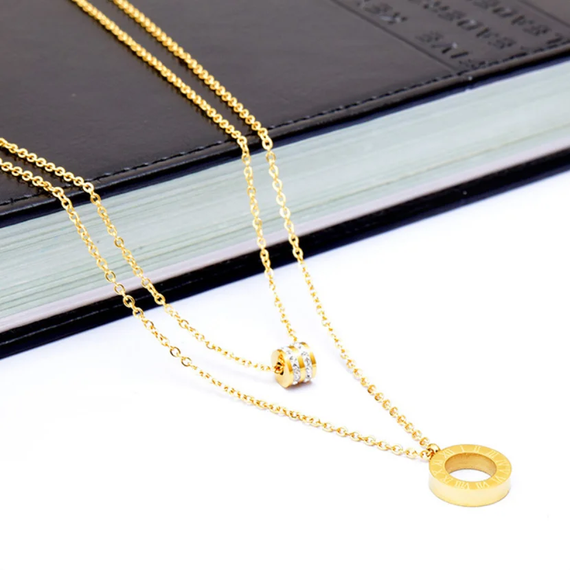 316L Stainless Steel Fashion Fine Jewelry 2 Layer Zircon Round Roman Numerals Charms Chain Choker Necklaces Pendants For Women