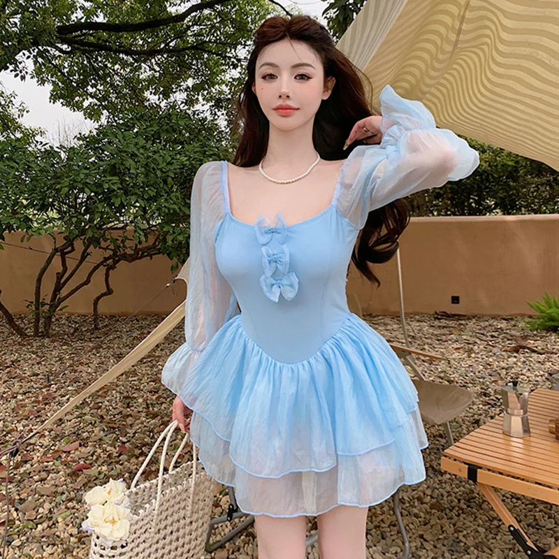 

Wisuwore Swimsuit Female Sense Pure Desire Sweet Long Sleeve Slimming One-piece Skirt Type 2023 New Hot Spring Girls Swimsuit