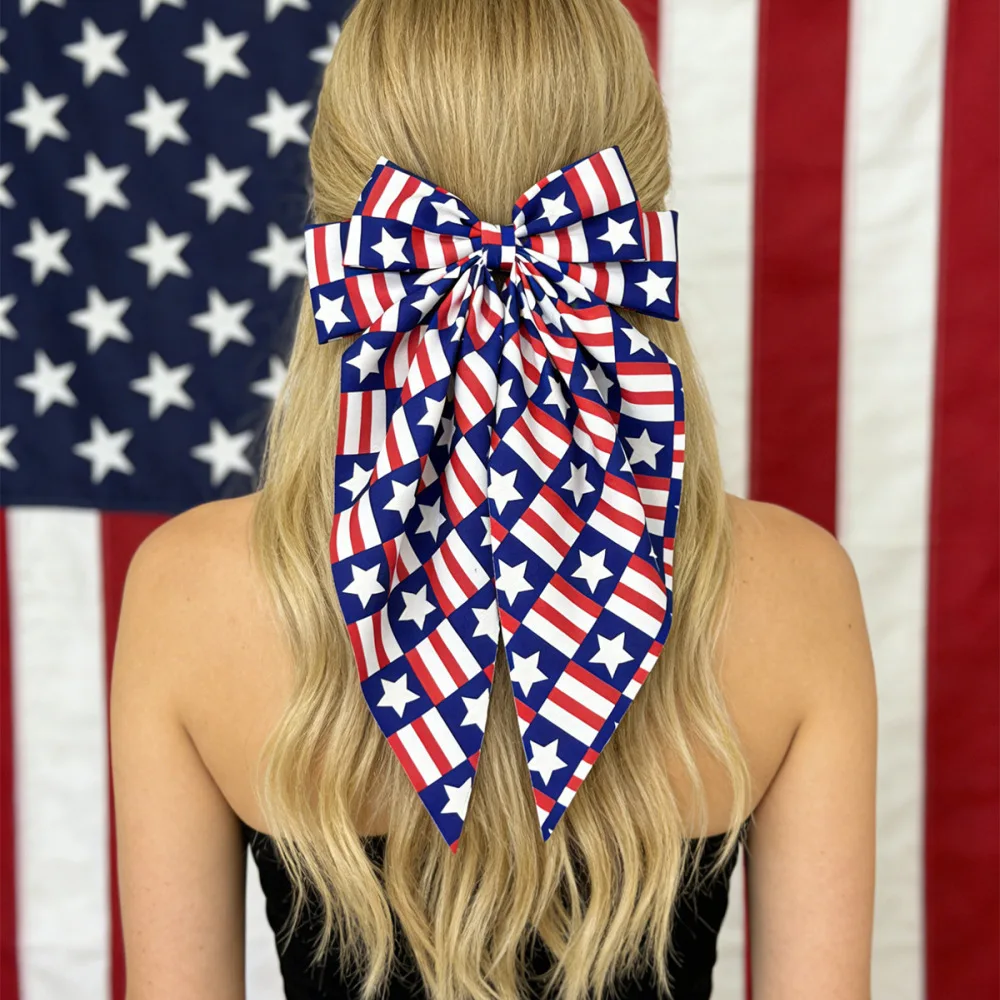 Fashion Ribbon Bowknot Spring Barrette Patriotic Star Stripe Print Festive Party Hair Accessory For Women Girls Celebration