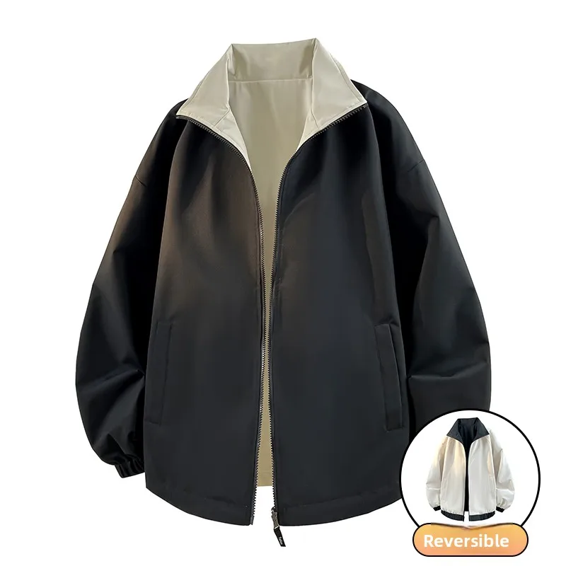 Men Reversible Stand Collar Windbreaker Two Side Wear Zipper Lightweight Loose Casual Daily Street Windproof Outer Jacket Coat