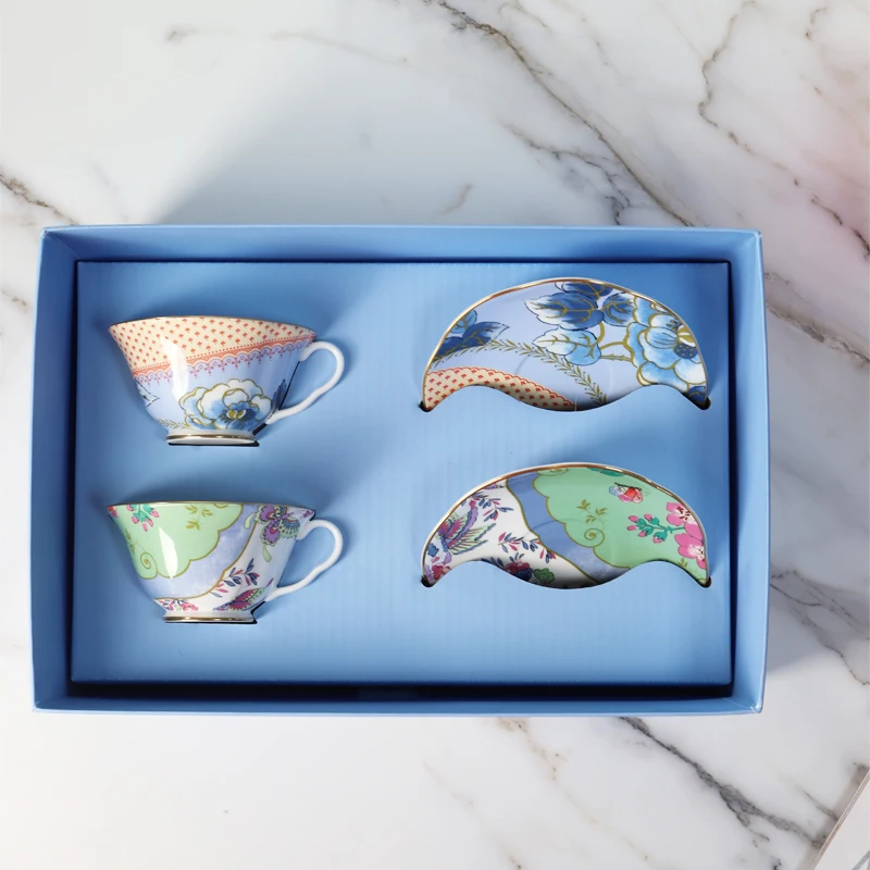 

Premium gift box set bone china tea set, coffee tea cup, saucer, butterfly bloom, butterfly love flower, two cups and two plates