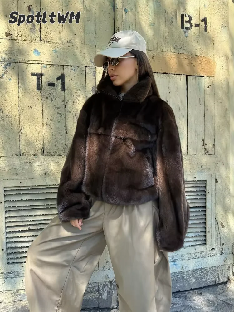 Retro Women Loose Zipper Fur Grass Short Jacket Lapel Warm Long Sleeved Plush Outwear Autumn Winter 2026 Lady Daily Street Wear