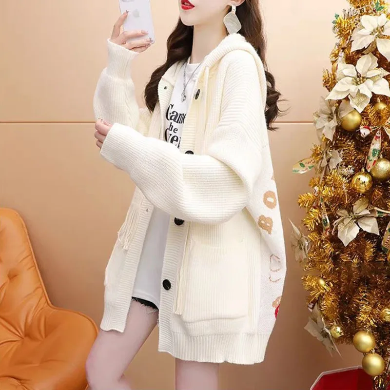 

#4033 White Khaki Hooded Knitted Cardigan Coat Women Loose Cartoon Knitwear Sweater Femme Single Breasted Harajuku Autumn Winter