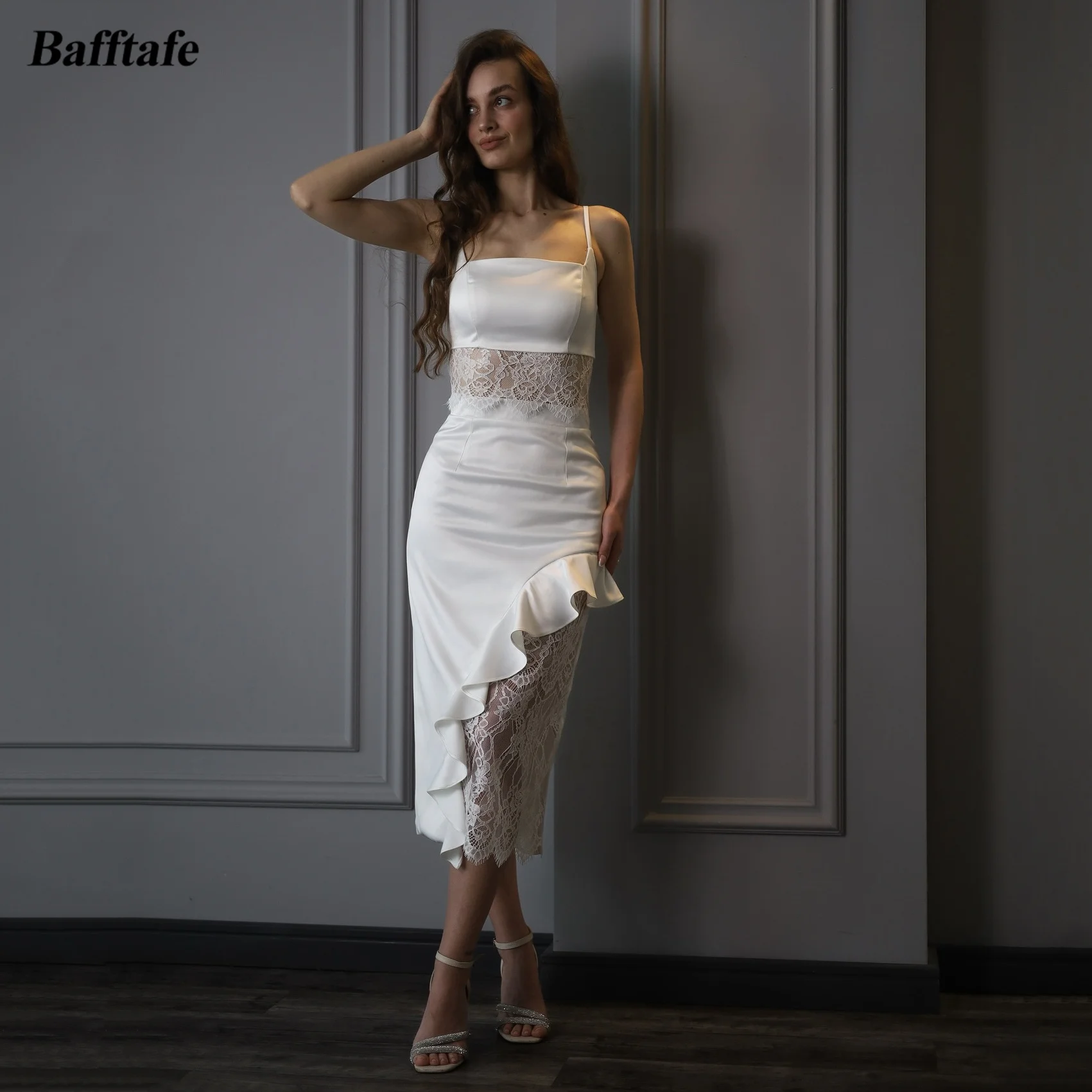 

Bafftafe Customized Mermaid Midi Prom Dresses Soft Satin Lace Ruffles Women Evening Dress Straps Formal Party Wedding Gowns