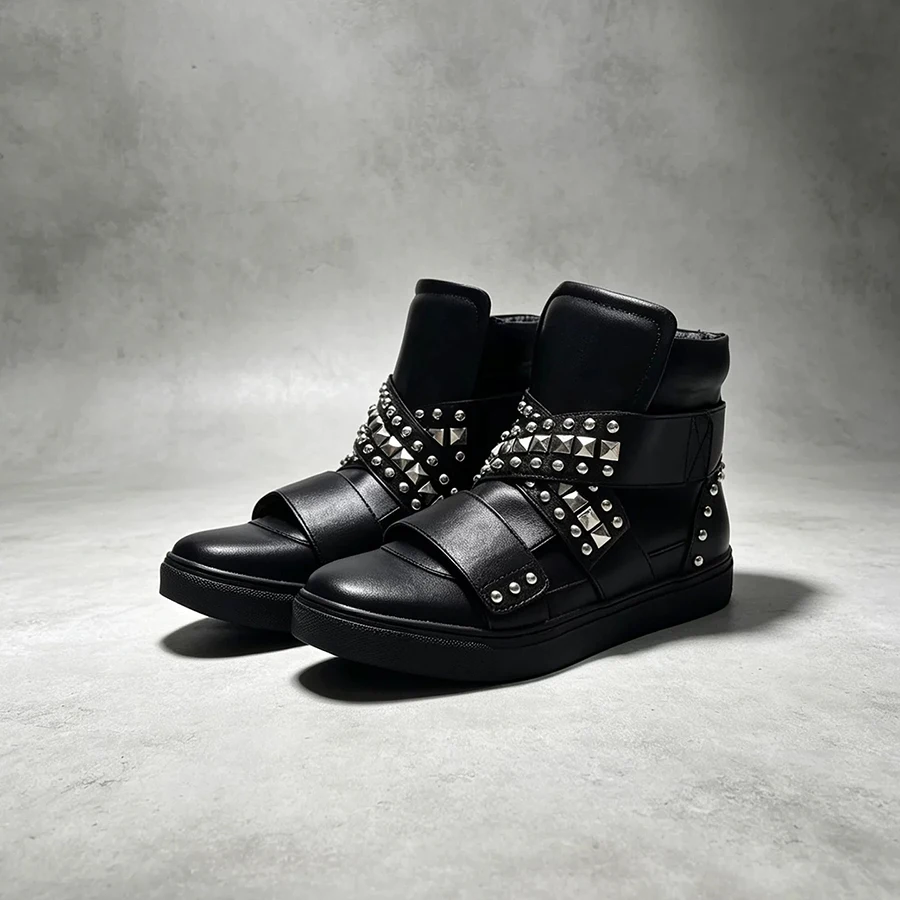 High-Top Sneakers for Men Black Leather Strap Pyramid Studs Rivet Lace Up Platform Skate Footwear Punk Rock Street Style