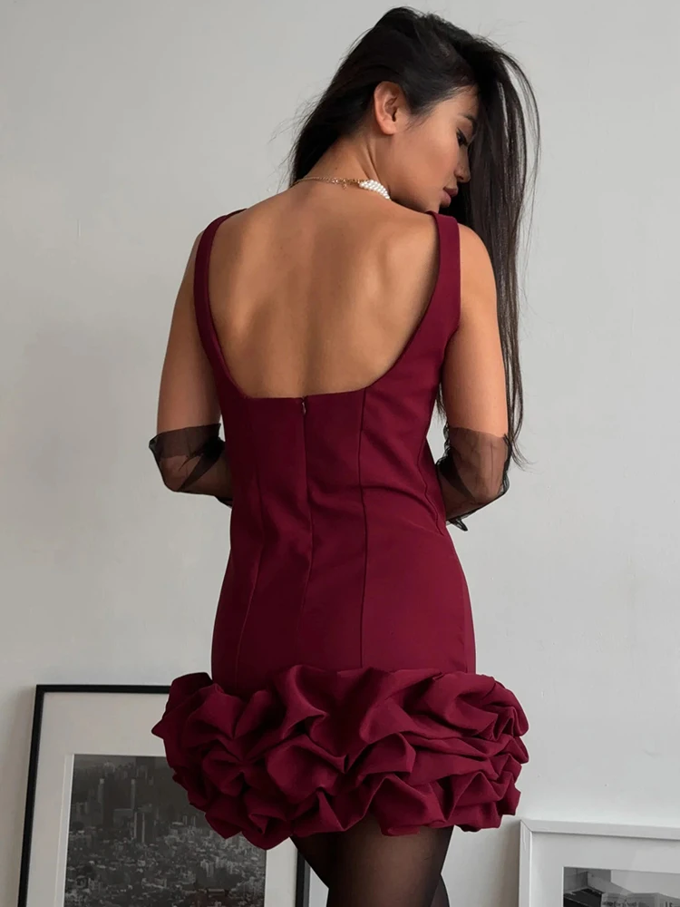 

Trendix Women Burgundy Sleeveless Dress 2025 Fashion Patchwork Ruffle Short Dresses Femme Party Club Sexy Backless Mini Dress