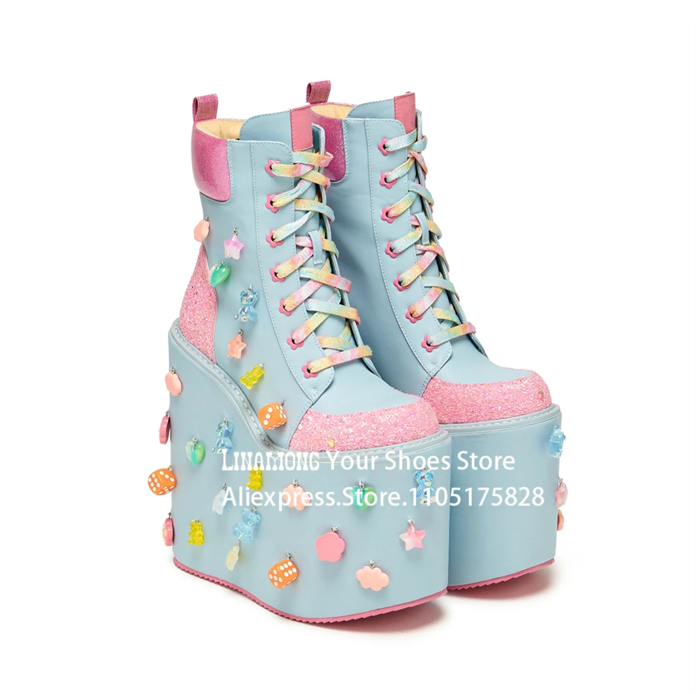 Pastel Blue Tower Platforms Ankle Boots Glitter Pink Panels Ultra High Stacked Sole Booties Full-On Scatter of Charms Y2k Boots