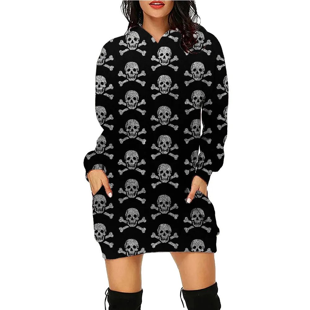 Robe à capuche imprimée tête de mort florale pour femme, sweat-shirt d'entraînement, pull à manches longues, t-shirt d'automne, robe éducative, Halloween