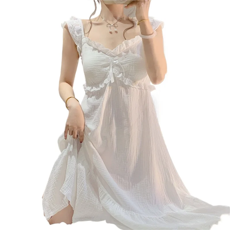 Sweet Wavy Lace Decoration Padded Suspender Nightgown for Women Long Style Summer 2024 New Pajamas Home Wear Set Drop Shipping