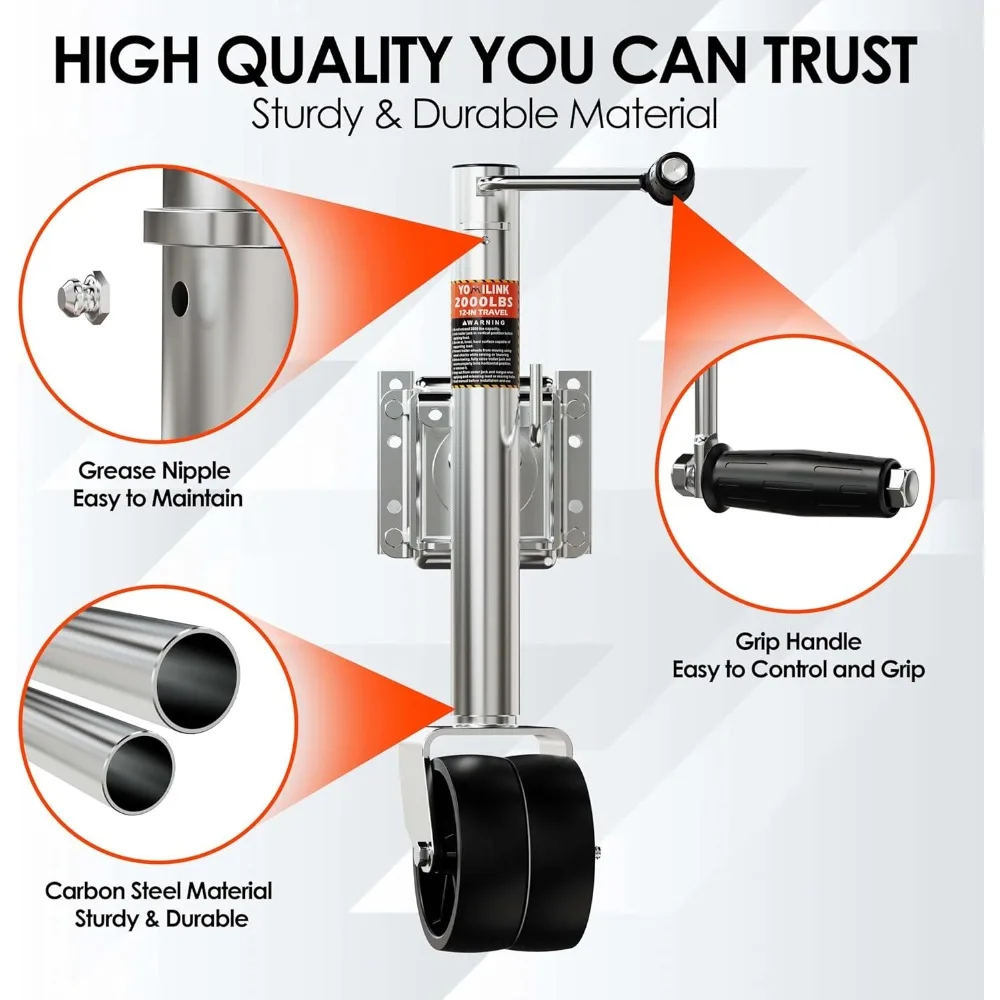 Heavy Duty 2000 lbs Trailer Jack with Dual Wheel, 12" Lift for RV Boat Trailers, Silver