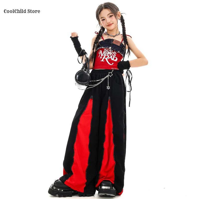 Hip Hop Girls Patchwork Tank Top Contrast Loose Street Dance Pants Children K-pop Streetwear Kids Jazz Girl Group Clothes Sets
