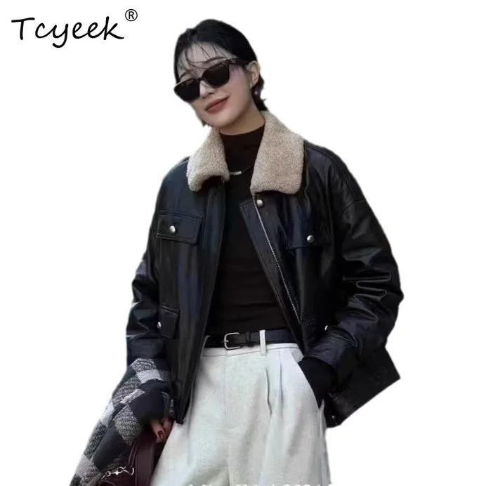 Tcyeek سترة جلدية أصلية للنساء ملابس شتوية معطف من جلد الغنم الحقيقي امرأة بيضاء أوزة أسفل معاطف نسائية الصوف الفراء طوق