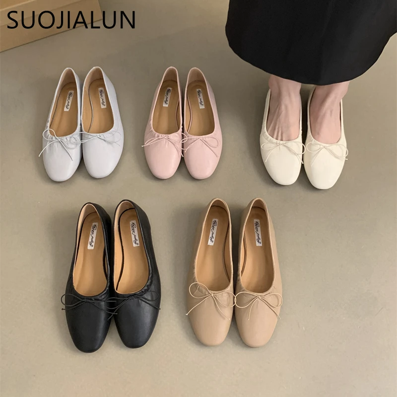 SUOJIALUN 2024 Spring New Women Flat Fashion Round Toe Bow-knot Slip On Ballerinas Shoes Soft Flat Ladies Casual Dress Ballet Sh