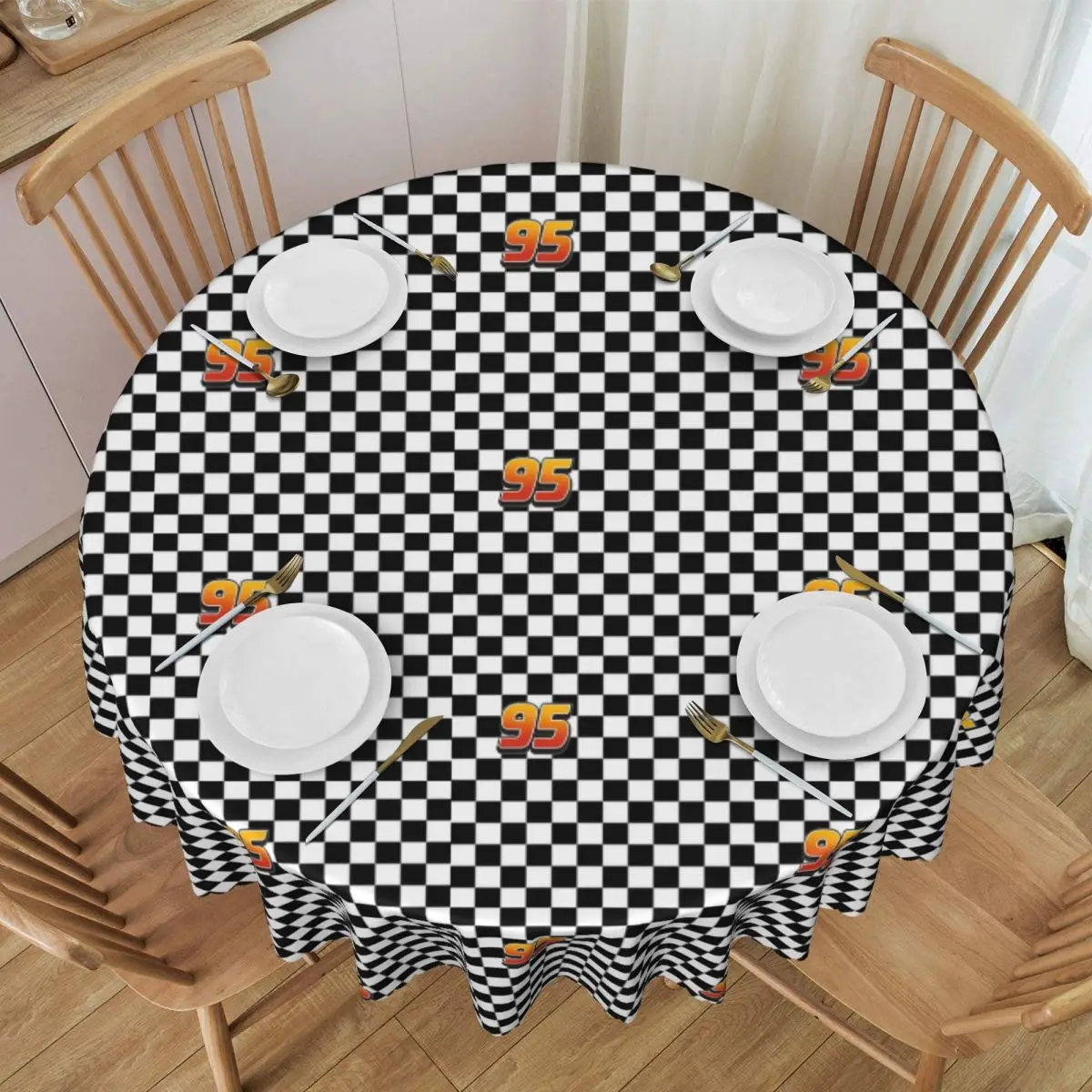 Custom Round Waterproof Lightning McQueen 95 Table Cover Cartoon Tablecloth for Picnic 60 inch Table Cloth