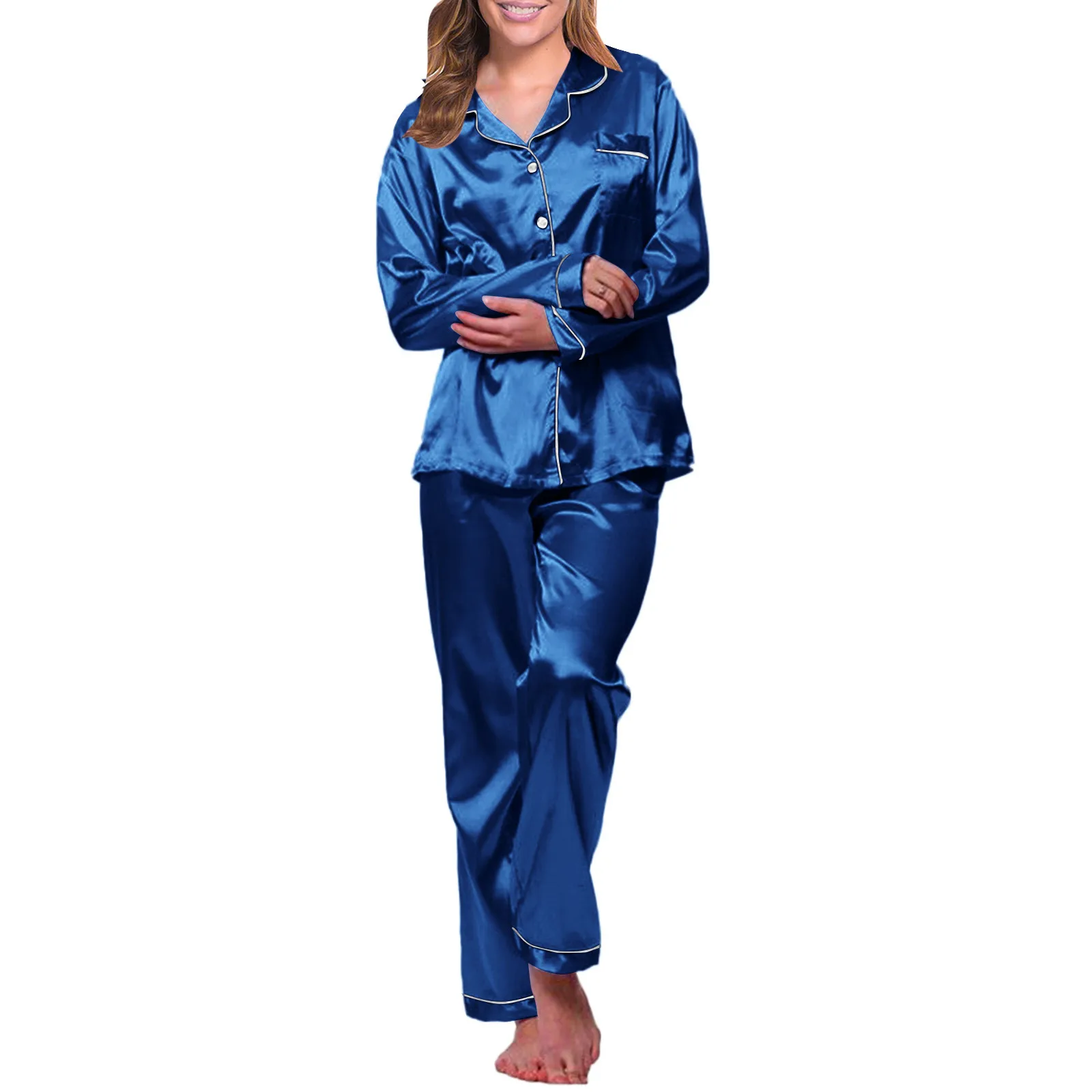 Nachtkleding Zijde Satijnen Pyjama Set Voor Dames Homewear 2 Delige Set Lange Mouw Revers Knoop Shirts + Lange Broek Set Loungewear Pak