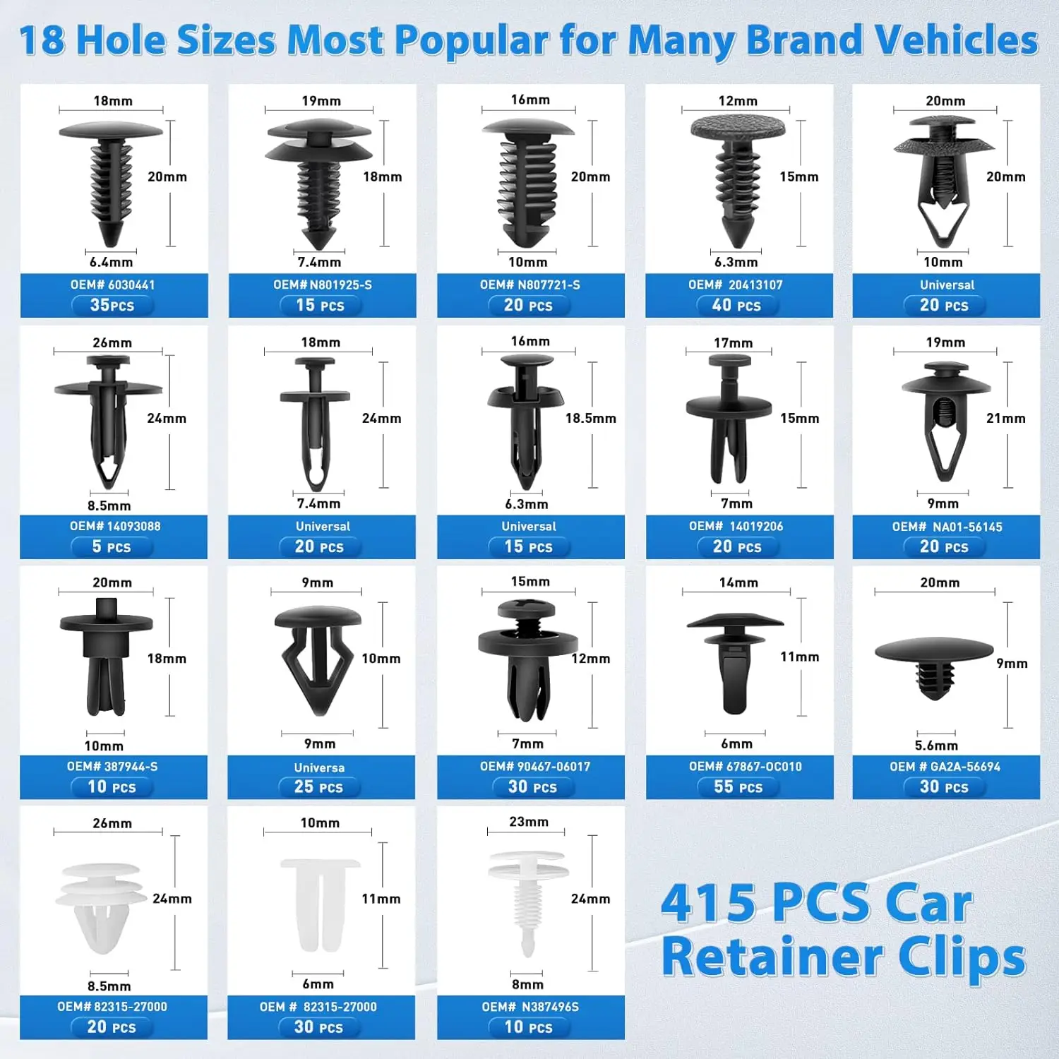자동차 리테이너 클립 패스너 키트, 범퍼 클립, 플라스틱 푸시 핀 리벳 세트, GM 문짝 패널 클립, 혼다 포드 도요타 크라이슬러, 415