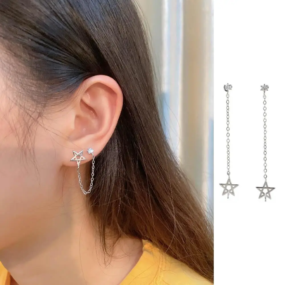 Elegant Tassel Link Copper Double Ear Holes Women Female Ear studs Star Ear studs Ear Chain Earrings Korean Style Earrings