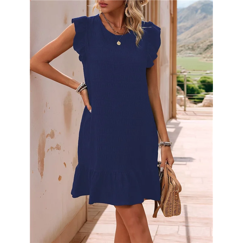 فساتين الصيف A09P للنساء جولة الرقبة كاب الأكمام كشكش تنحنح عارضة سموك البسيطة اللباس