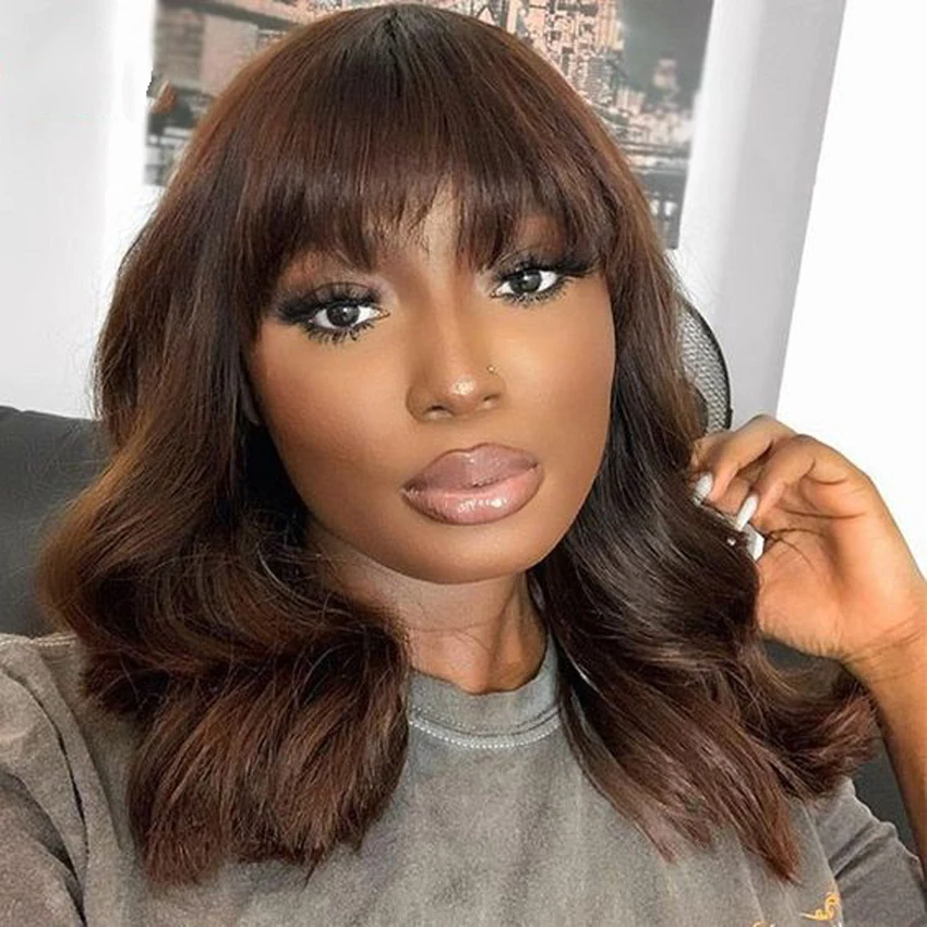 

Highlight Brown Boby Wave Wig Human Hair Wigs For Women Brazilian Human Hair Wig With Bangs Full Machine Wig
