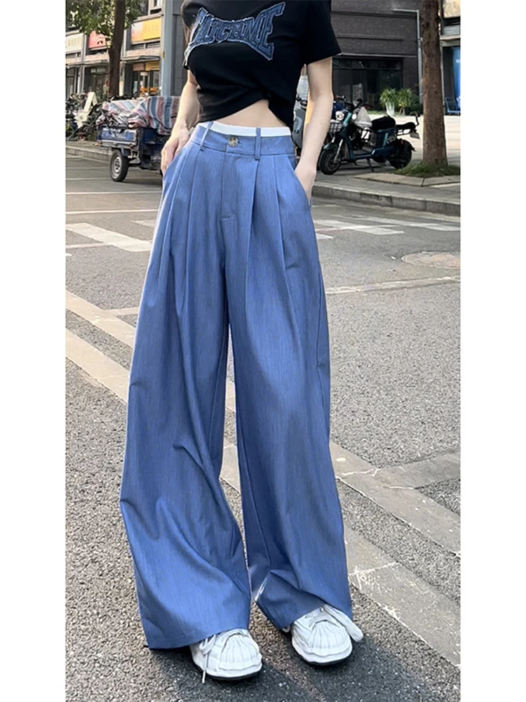 

Women's pants spring summer American solid color pleated straight suit pants casual loose commuter full pants wide leg pants