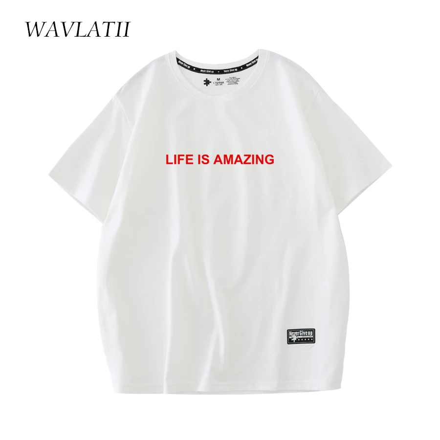 WAVLATII nouveau 2022 incroyable été t-shirts femme blanc rose imprimé 100% coton Conformatable à manches courtes t-shirts hauts WT2223