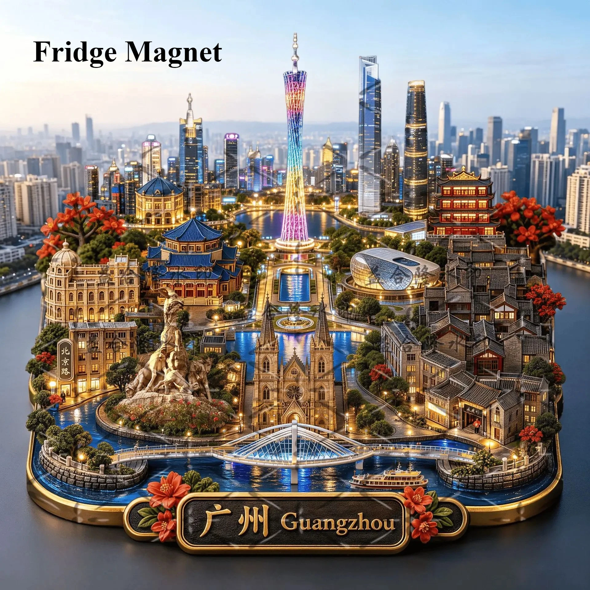 Embossed Metal Fridge Magnet Guangzhou China, Canton Tower Five Rams Chen Clan Academy, Cultural Travel Souvenir Home Decor Gift
